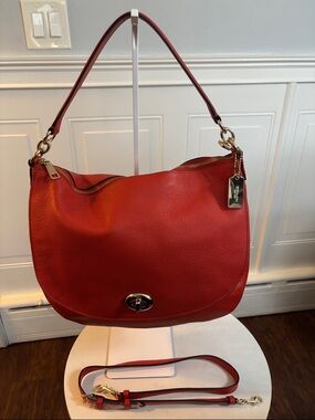 Coach Orange/Red Pebble Leather Shoulder Bag with Detachable Strap